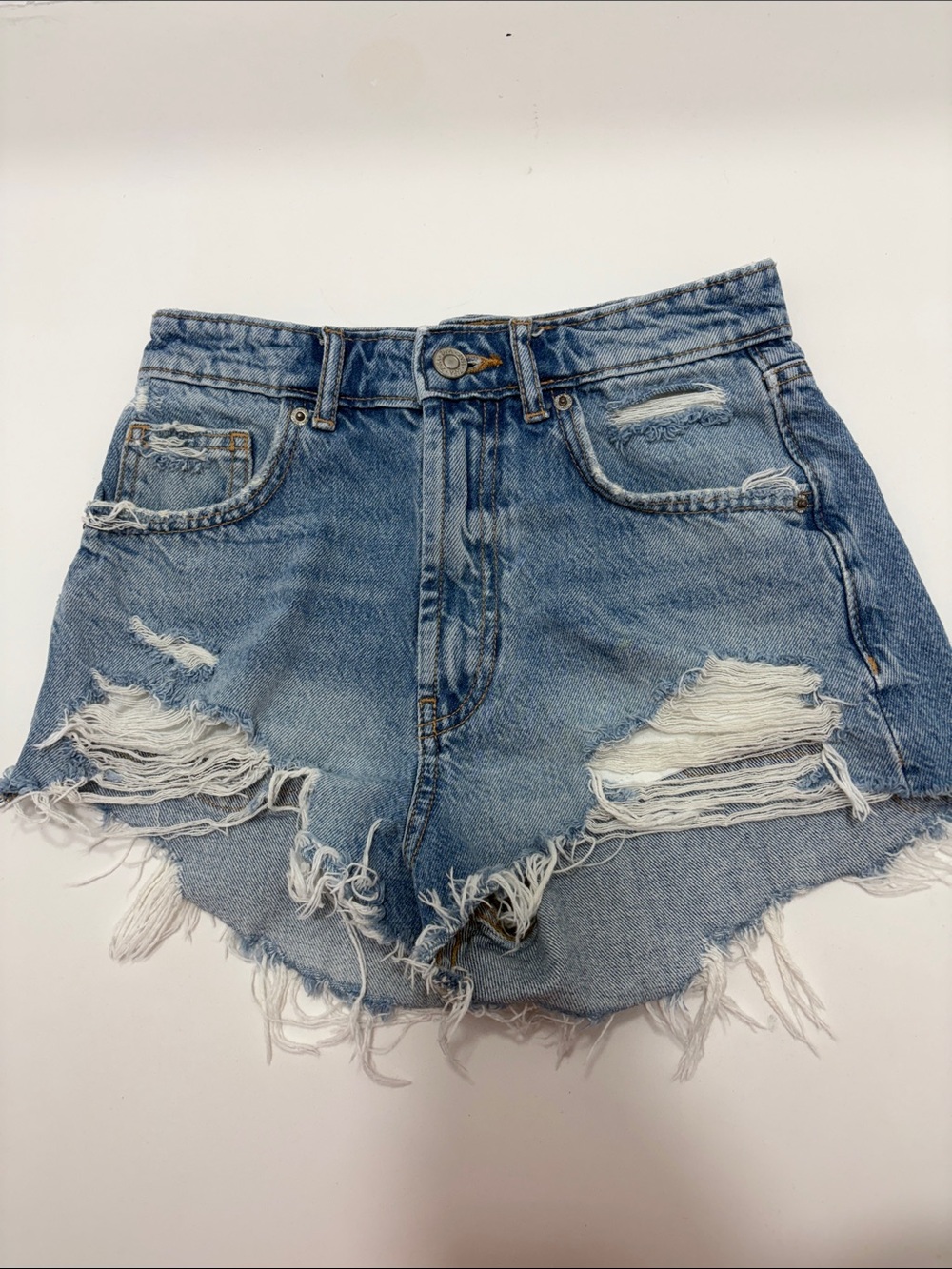 Zara Light Blue Distressed High-Rise Denim Shorts